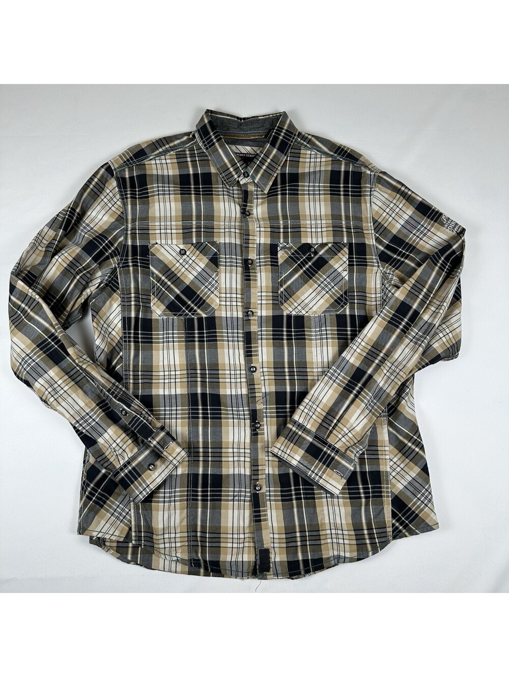 Point Zero Mens L Plaid Button Up Shirt Tan Black Long Sleeve Genuine Clothing